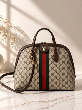 Authentic Gucci Ophidia GG Supreme Dome Web Stripe Top Handle Crossbody Bag